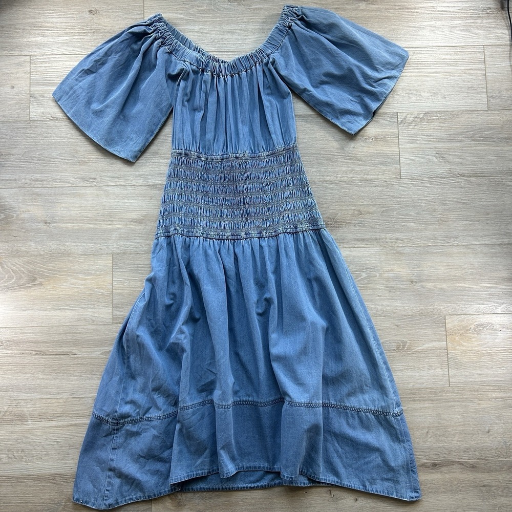 NWT Misa Los Angeles Medium Blue Denim Smocked Drop Waist Puff Sleeve Midi Dress - Picture 2 of 12